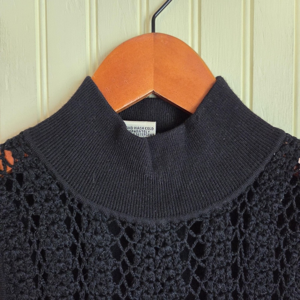 Cache Sweater Vest Womens Large Black Mock Neck Crochet Knit Sleeveless